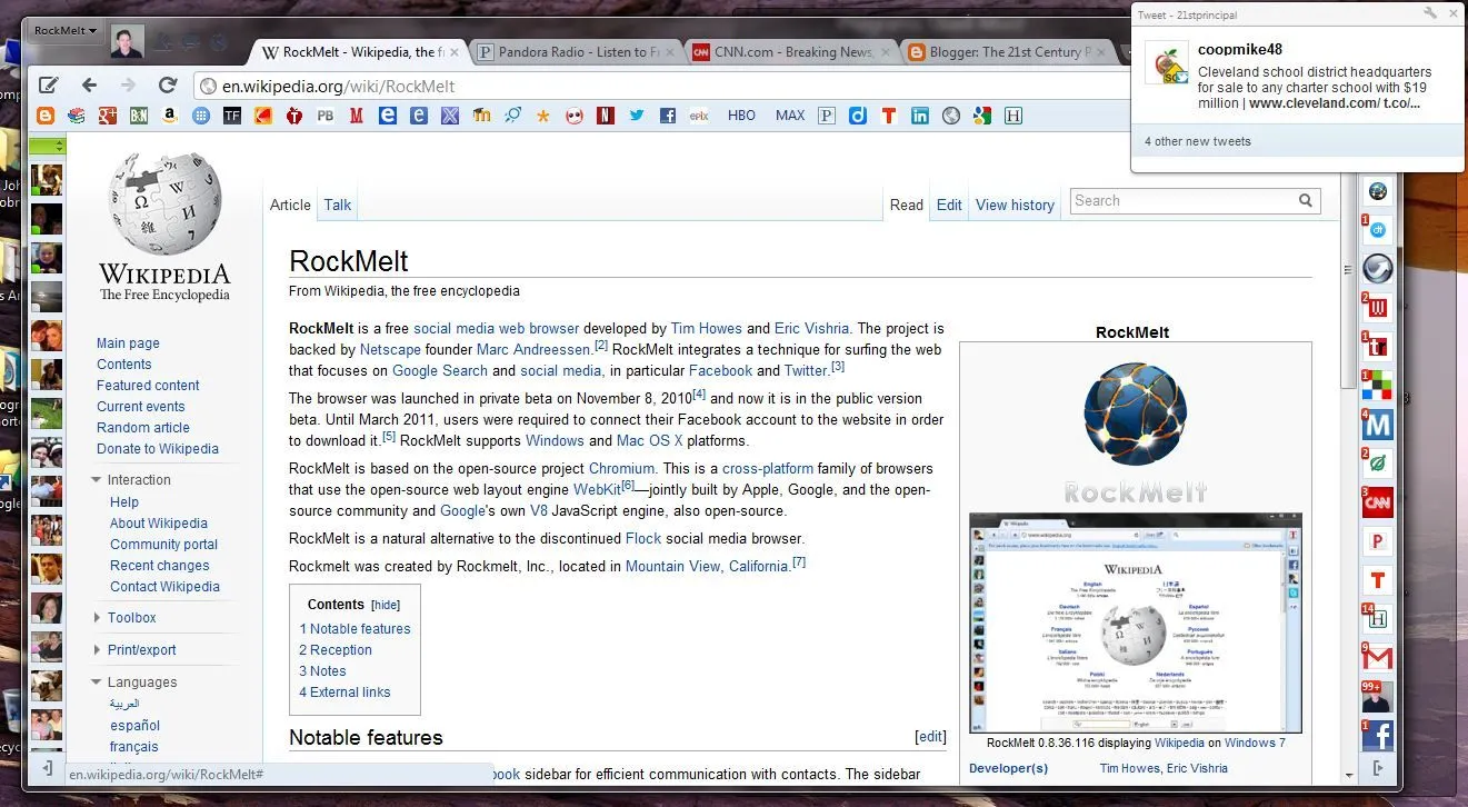 Giao diện trình duyệt Rockmelt hiển thị trang Wikipedia với các thanh công cụ xã hội tích hợp