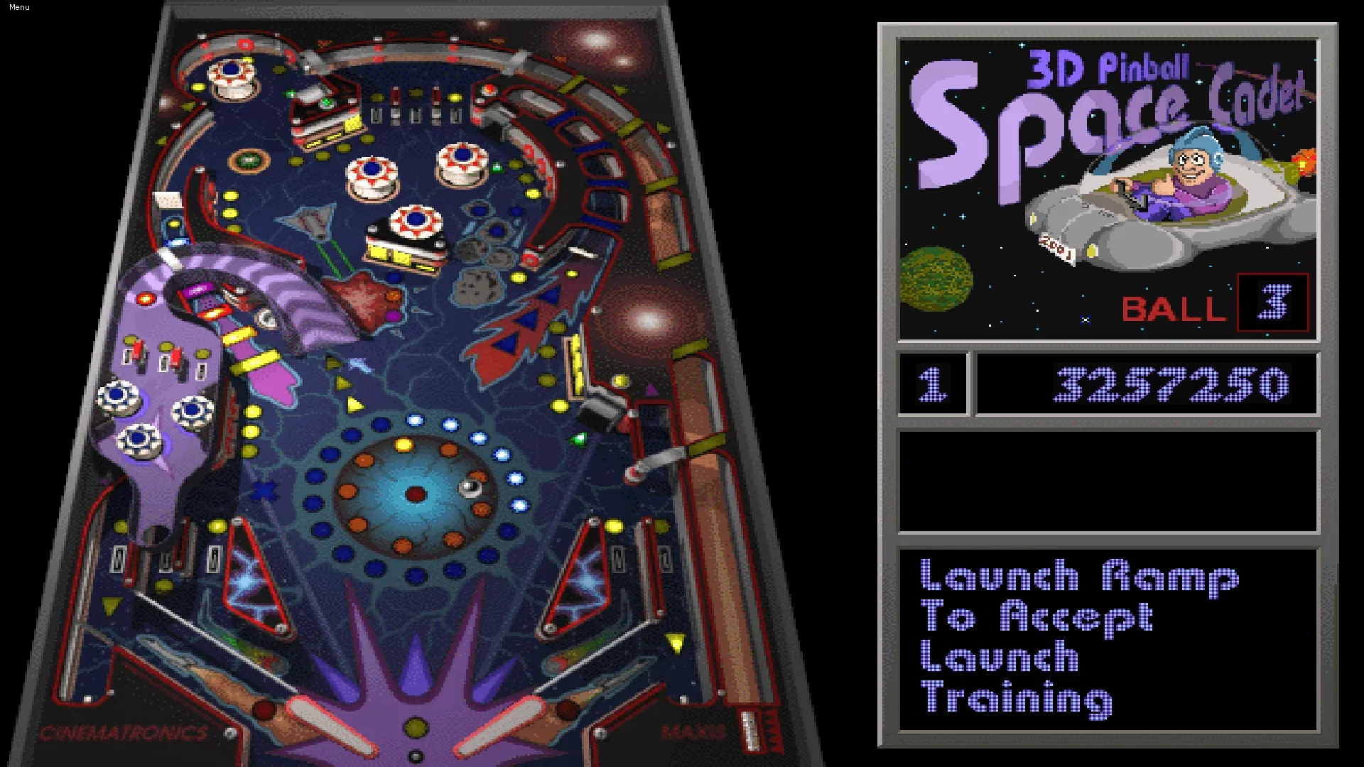 Giao diện trò chơi 3D Pinball Space Cadet trên Windows XP với bàn chơi màu xanh và các chi tiết phi hành gia