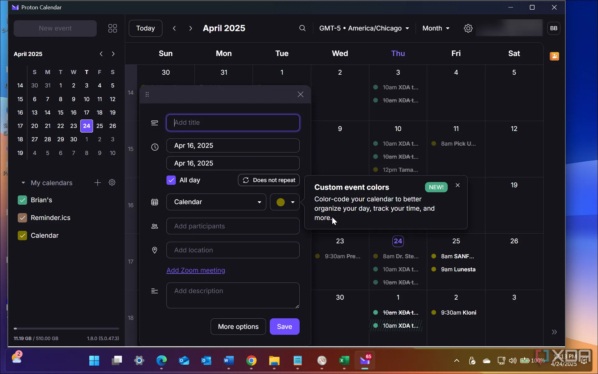 Giao diện ứng dụng Proton Calendar đang chạy trên hệ điều hành Windows, hiển thị lịch sự kiện được mã hóa