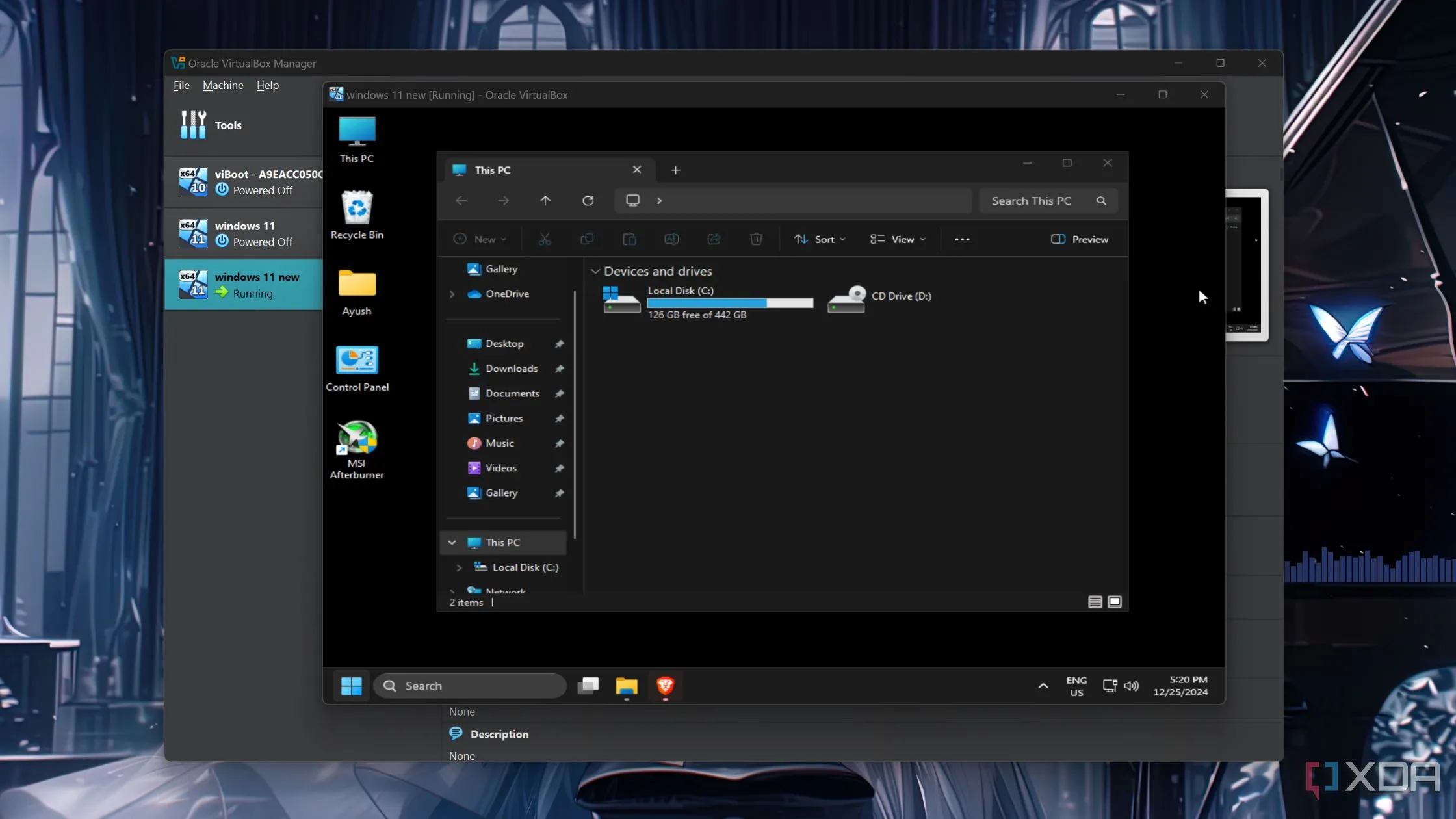 Giao diện Windows 11 đang chạy ổn định bên trong máy ảo VirtualBox sau khi chuyển đổi từ PC vật lý