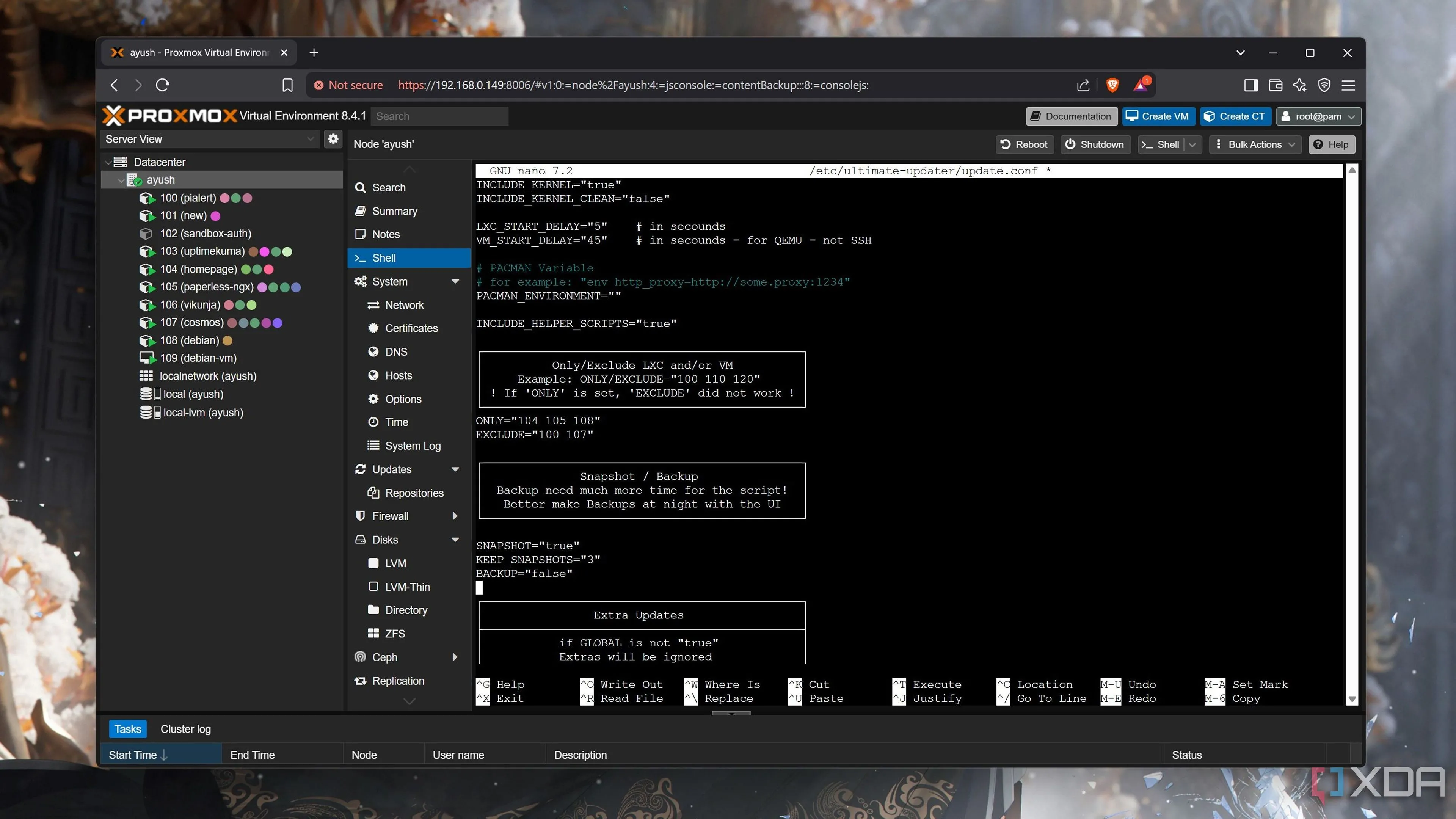 Hiển thị các tùy chọn cấu hình như ONLY, EXCLUDE, KEEP_SNAPSHOTS trong tệp update.conf của Ultimate Updater