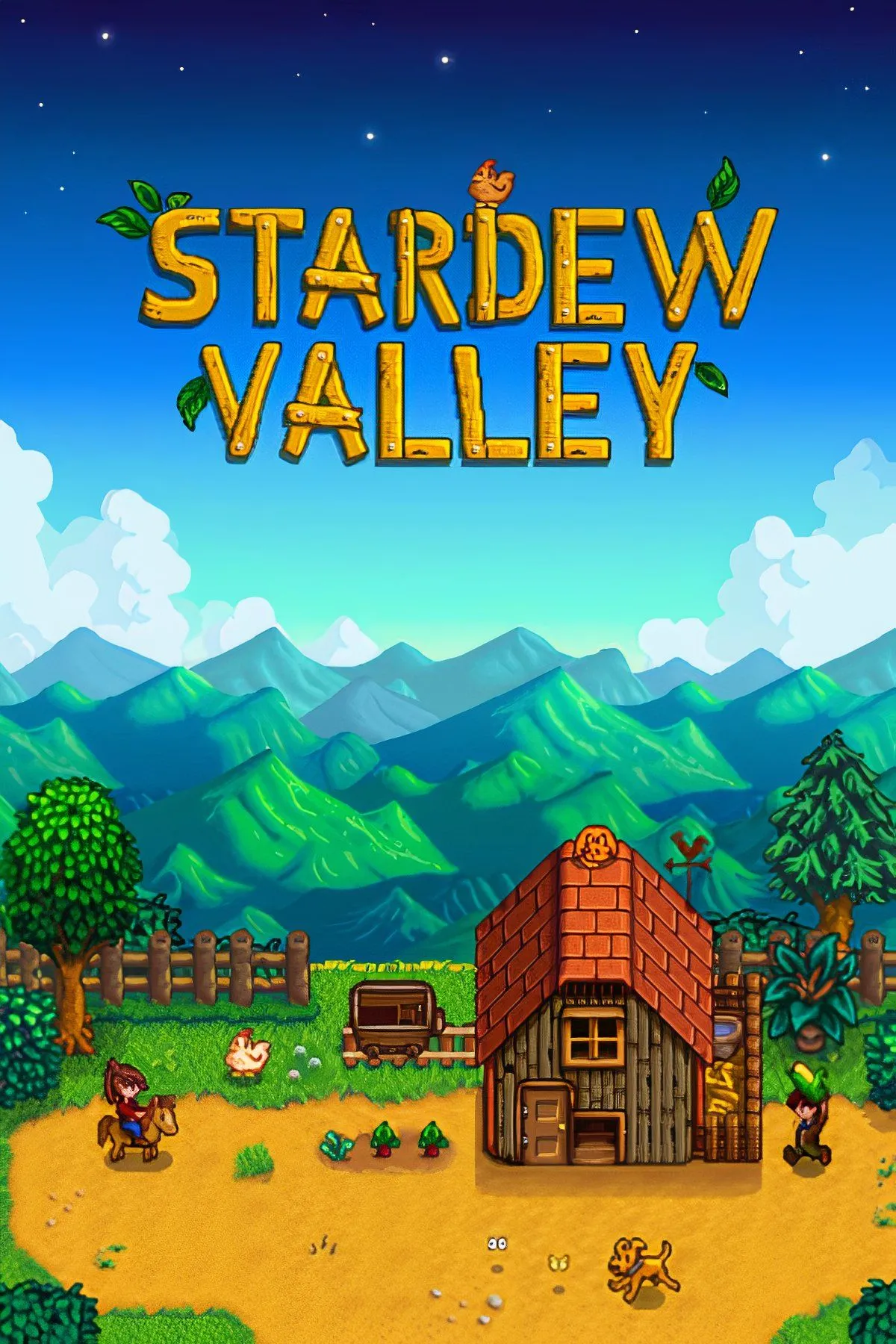 Hình ảnh game Stardew Valley với nhân vật chính đang tưới cây trong trang trại ấm cúng