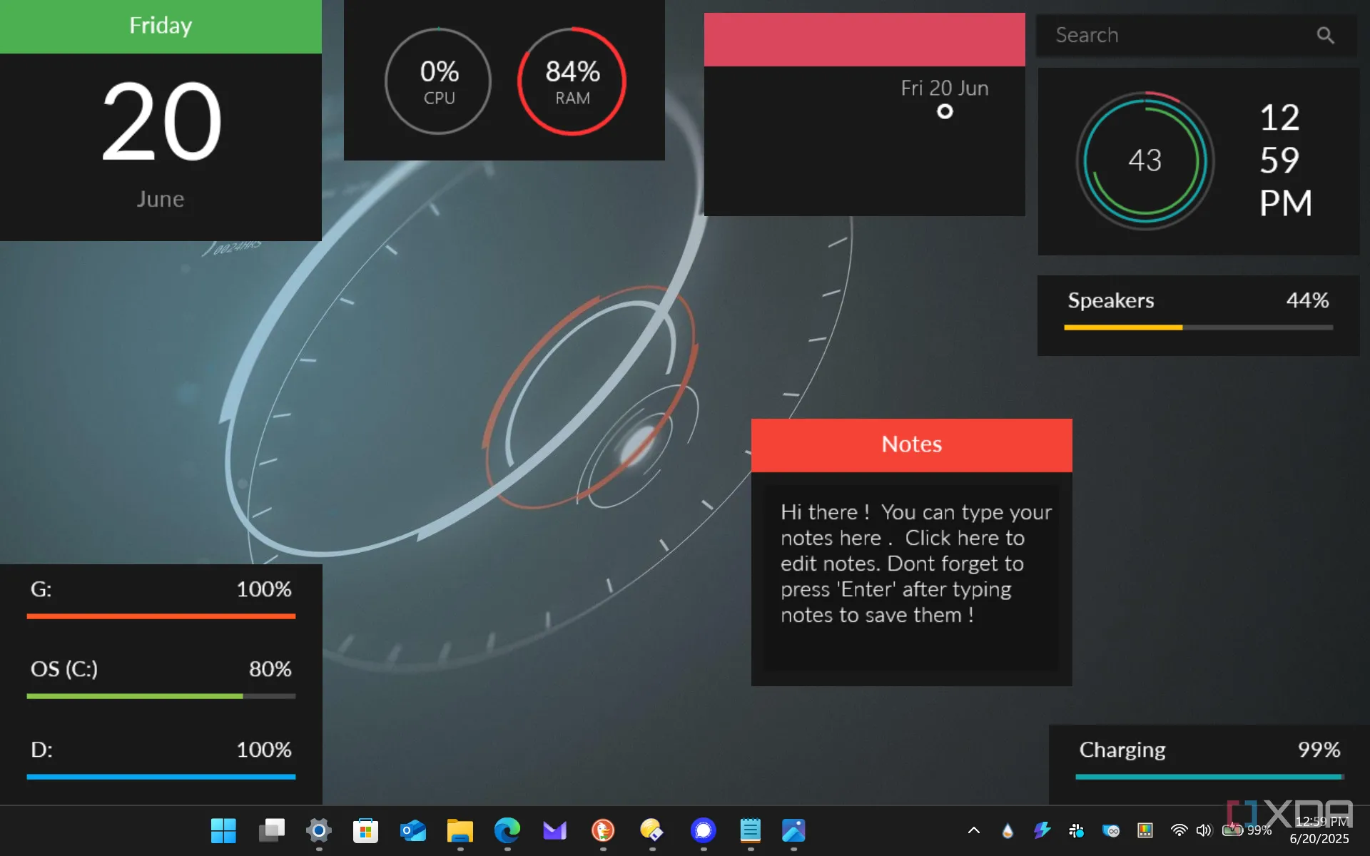 Hình ảnh minh họa skin Download Dark Rainmeter với giao diện tối giản, tập trung vào các tiện ích hệ thống