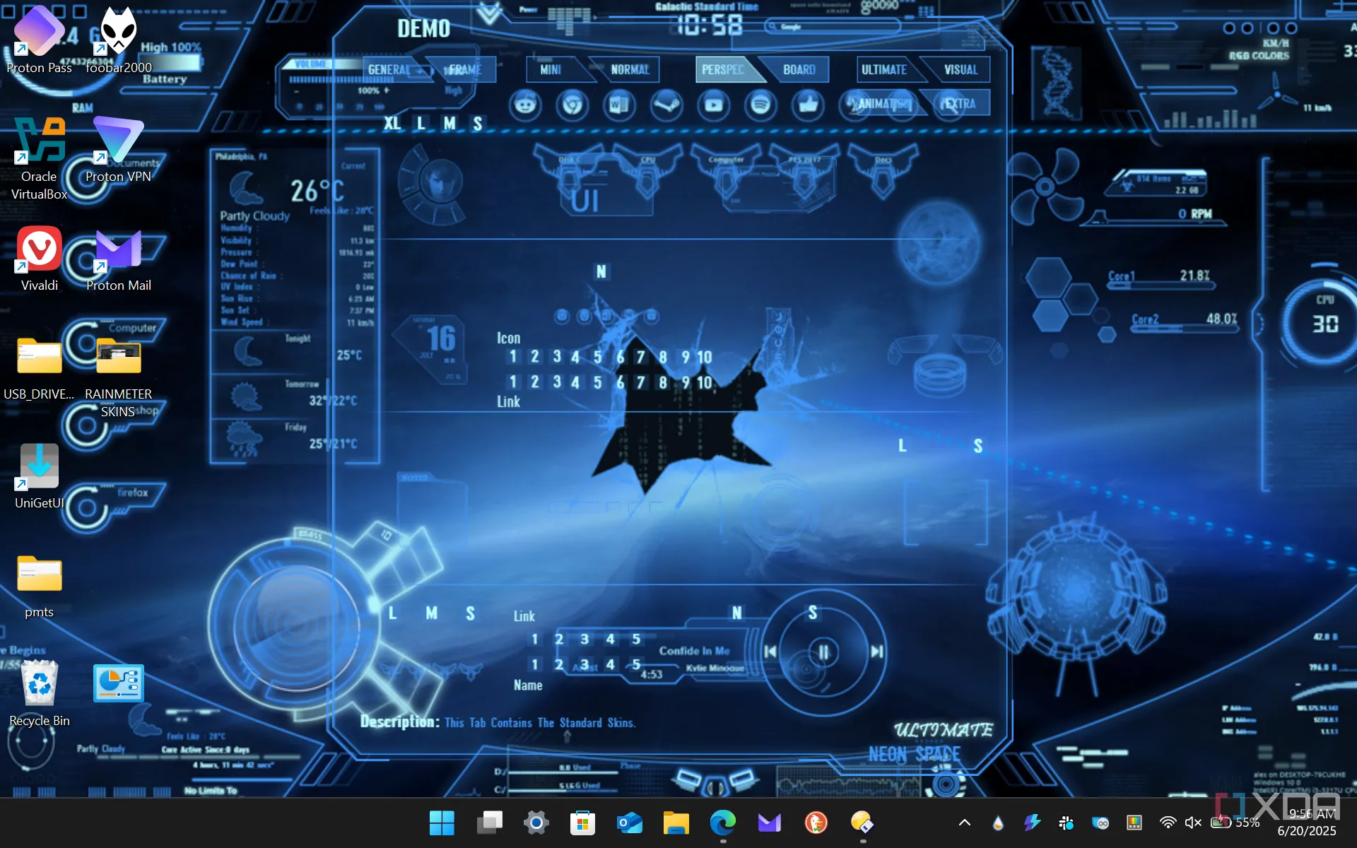 Hình ảnh mô phỏng giao diện Neon Space Rainmeter với chủ đề khoa học viễn tưởng trên Windows 11