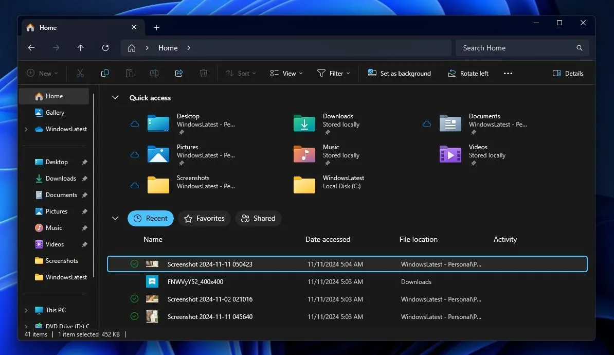 Hộp chọn trong File Explorer Windows 11 được tô màu nhấn trên tab Home