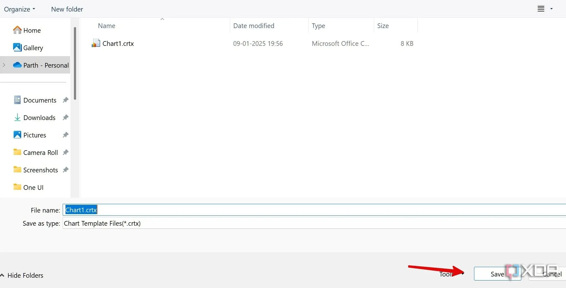 Hộp thoại lưu mẫu biểu đồ trong Excel