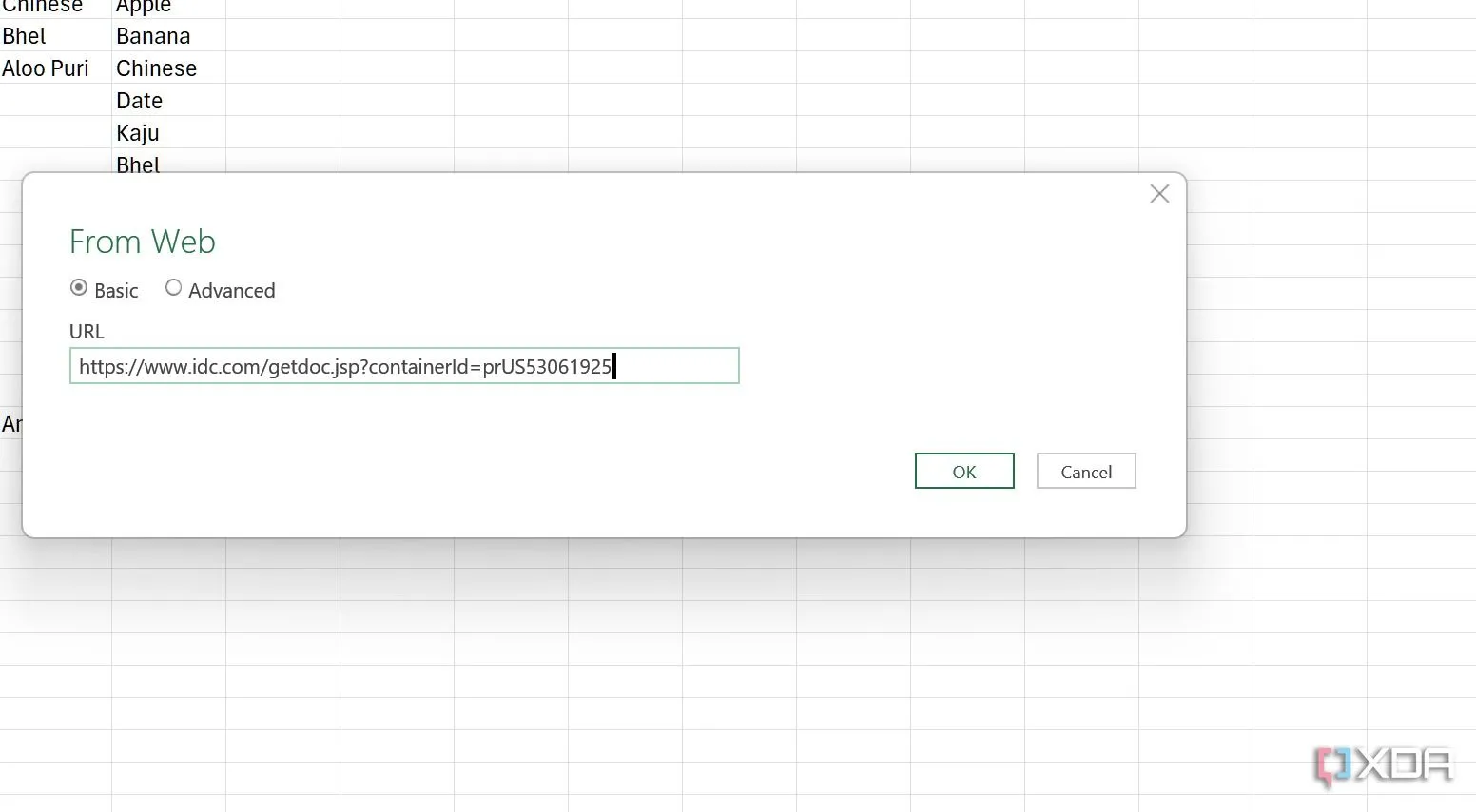 Hộp thoại thêm địa chỉ web để nhập dữ liệu vào Excel