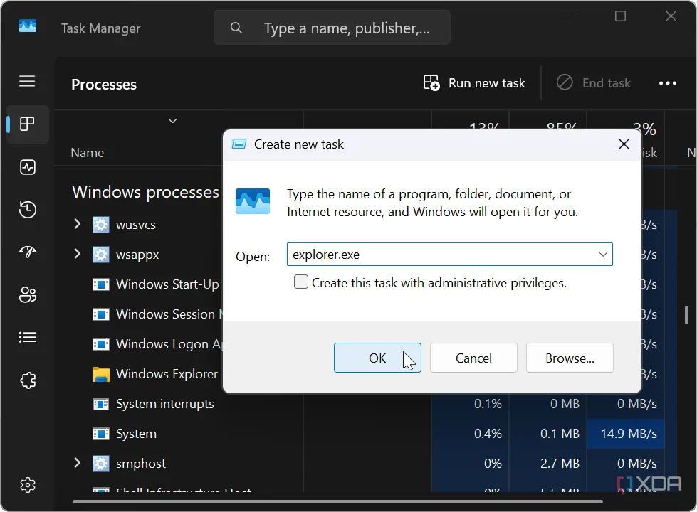 Hướng dẫn kết thúc tiến trình explorer.exe và chạy lại thủ công để khắc phục File Explorer bị treo