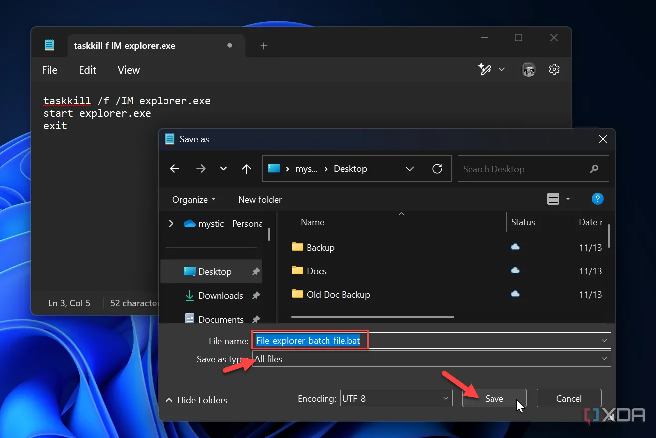 Hướng dẫn lưu tệp tin batch (.bat) để tự động khởi động lại File Explorer khi gặp sự cố