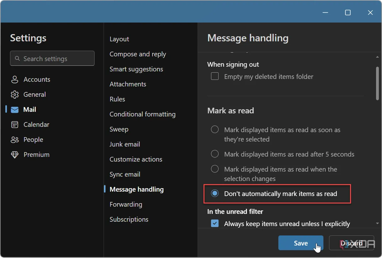 Hướng dẫn tắt tính năng tự động đánh dấu email đã đọc trong Outlook mới