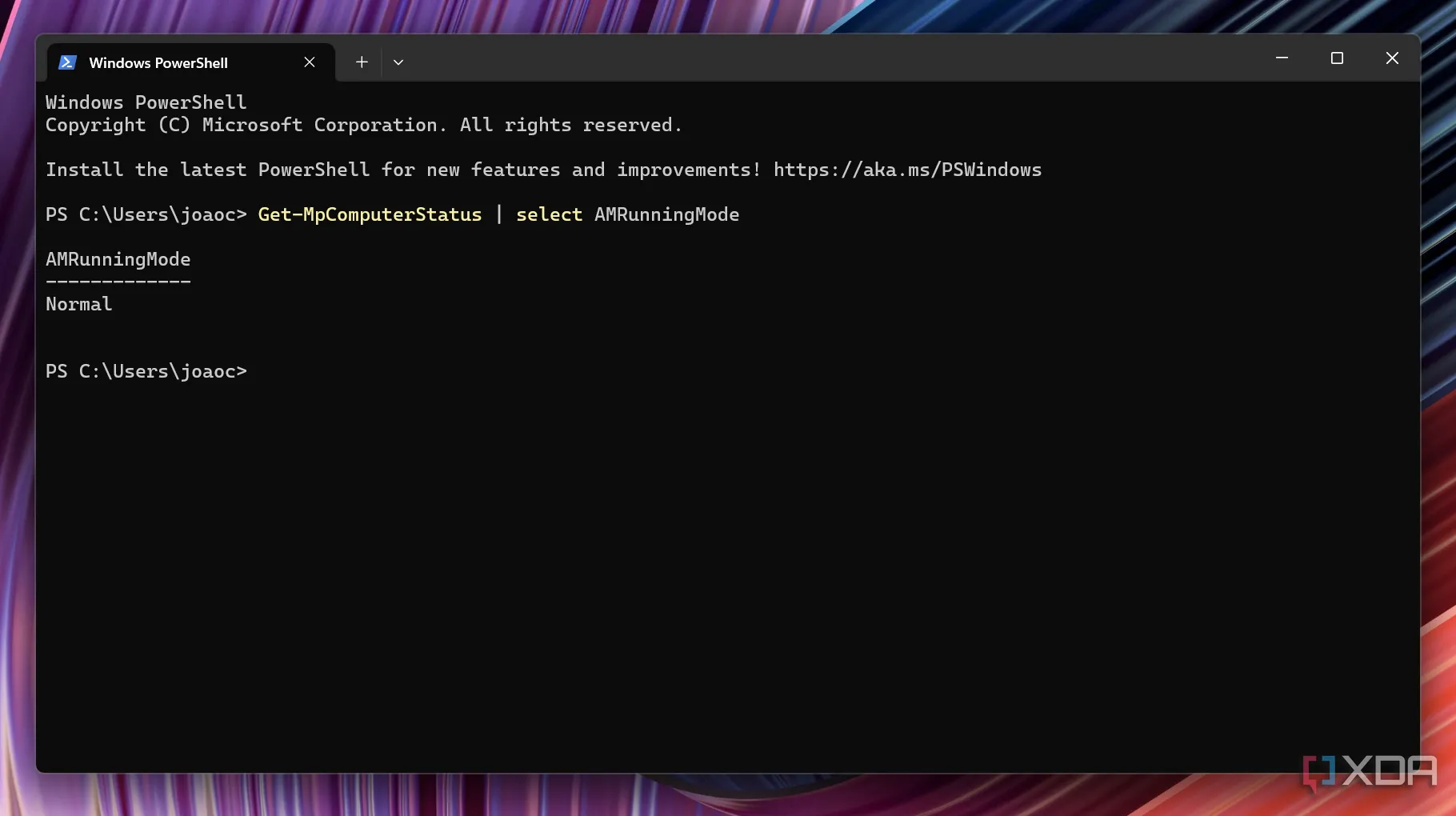 Kết quả kiểm tra trạng thái Microsoft Defender trong Windows Terminal hiển thị &quot;Normal&quot; khi đang hoạt động