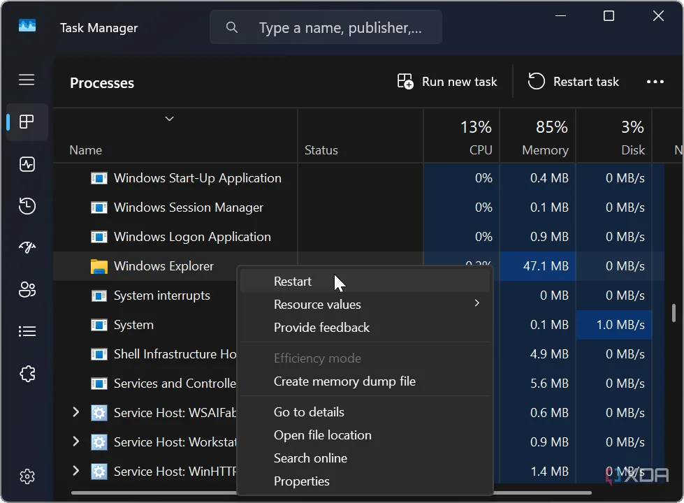 Khởi động lại File Explorer thông qua Task Manager trên Windows 11