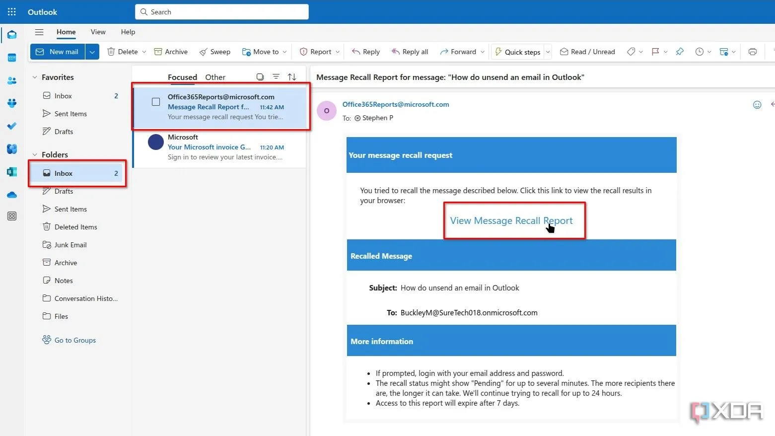 Kiểm tra hộp thư đến để theo dõi trạng thái thu hồi email Outlook của bạn.