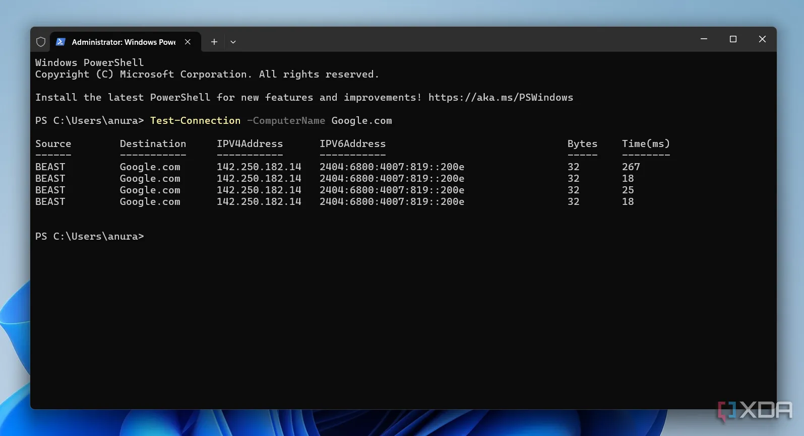Kiểm tra kết nối mạng bằng lệnh Test-Connection trong PowerShell