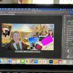 Màn hình Adobe Photoshop trên MacBook Pro hiển thị giao diện phần mềm chỉnh sửa ảnh chuyên nghiệp
