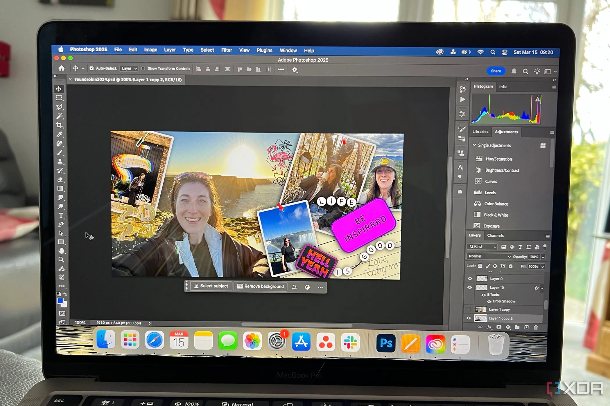 Màn hình Adobe Photoshop trên MacBook Pro hiển thị giao diện phần mềm chỉnh sửa ảnh chuyên nghiệp