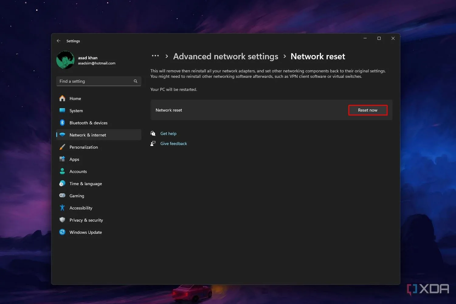 Màn hình Cài đặt mạng trên Windows 11, hiển thị nút &quot;Đặt lại ngay&quot; của tính năng Network Reset để khắc phục sự cố kết nối