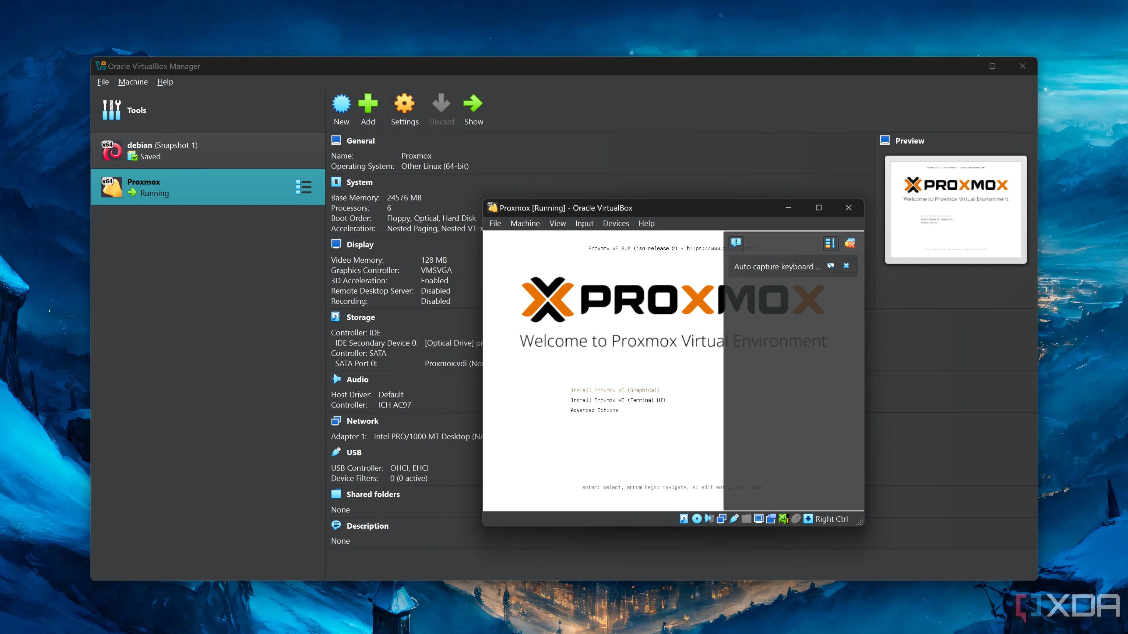 Màn hình cài đặt Proxmox trong môi trường máy ảo VirtualBox trên Windows
