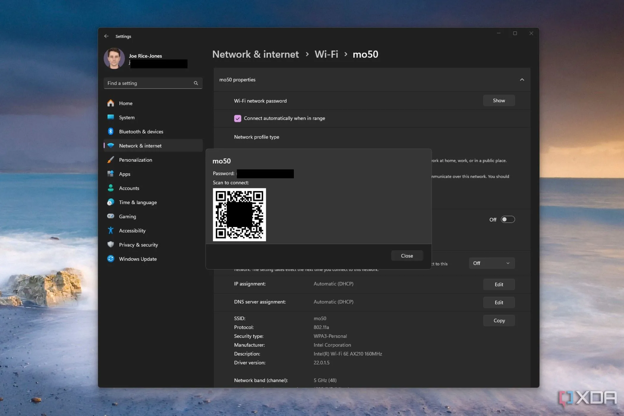 Màn hình cài đặt Wi-Fi trên Windows 11 hiển thị mã QR để chia sẻ mật khẩu Wi-Fi nhanh chóng và tiện lợi