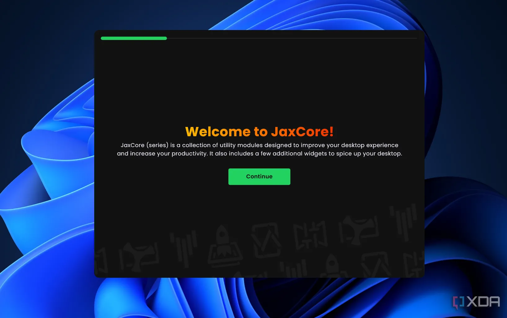 Màn hình chào mừng của ứng dụng JaxCore trên Windows, hiển thị giao diện tùy chỉnh và các tùy chọn công cụ