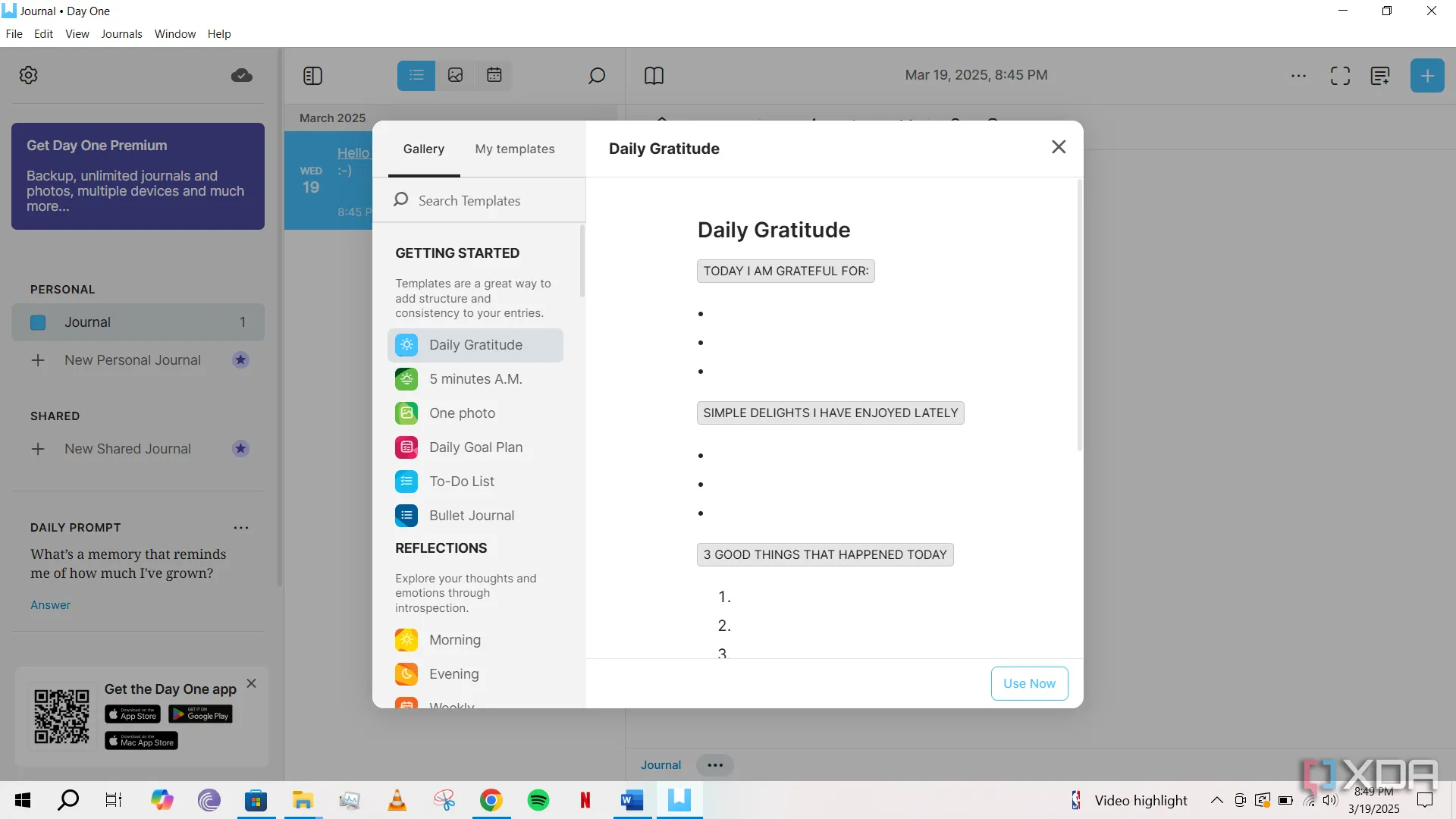Màn hình chính ứng dụng Day One trên Windows hiển thị danh sách các mục nhập nhật ký và tính năng tìm kiếm