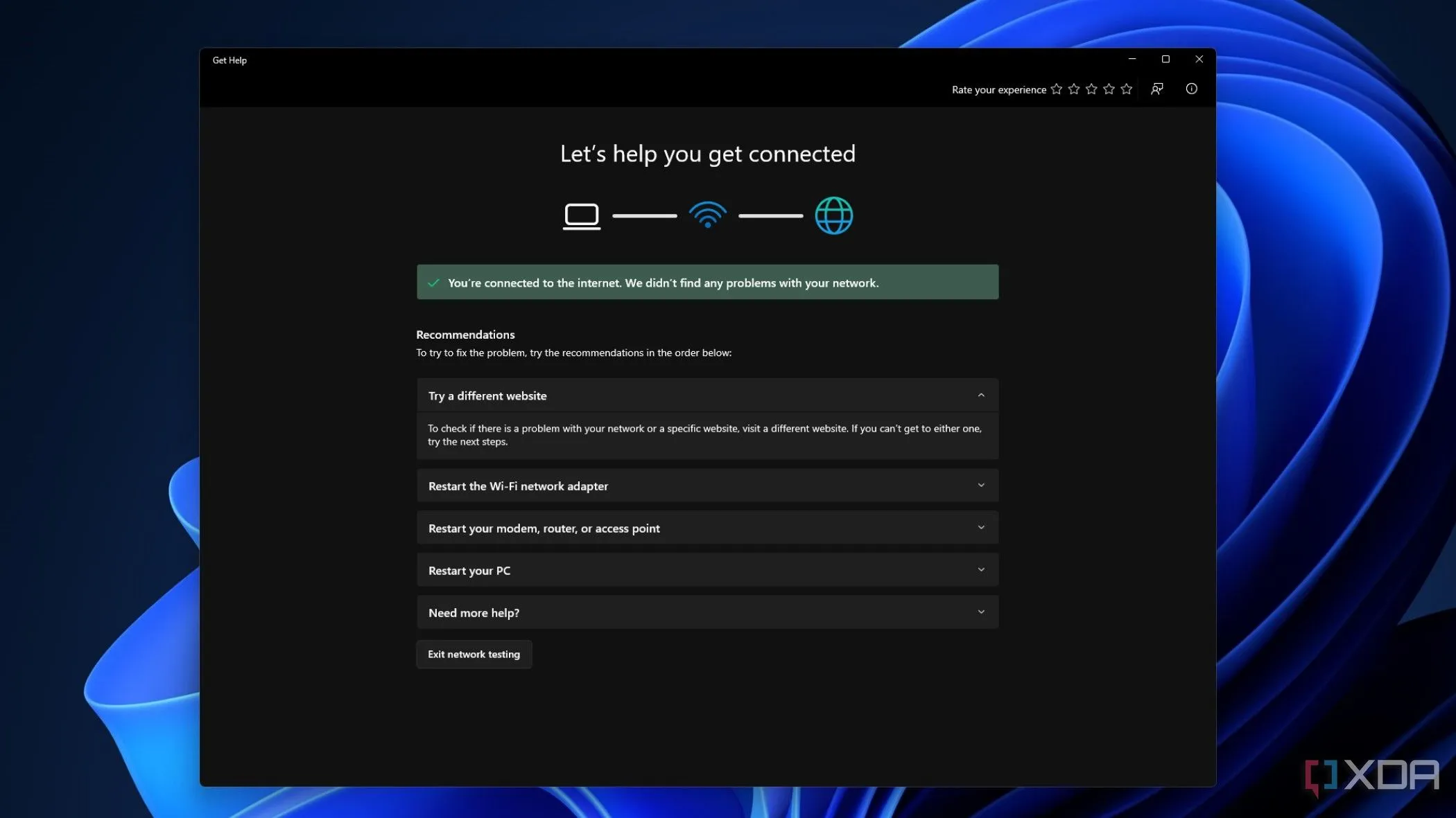 Màn hình công cụ chẩn đoán mạng và internet của Windows, hiển thị các đề xuất khắc phục sự cố kết nối
