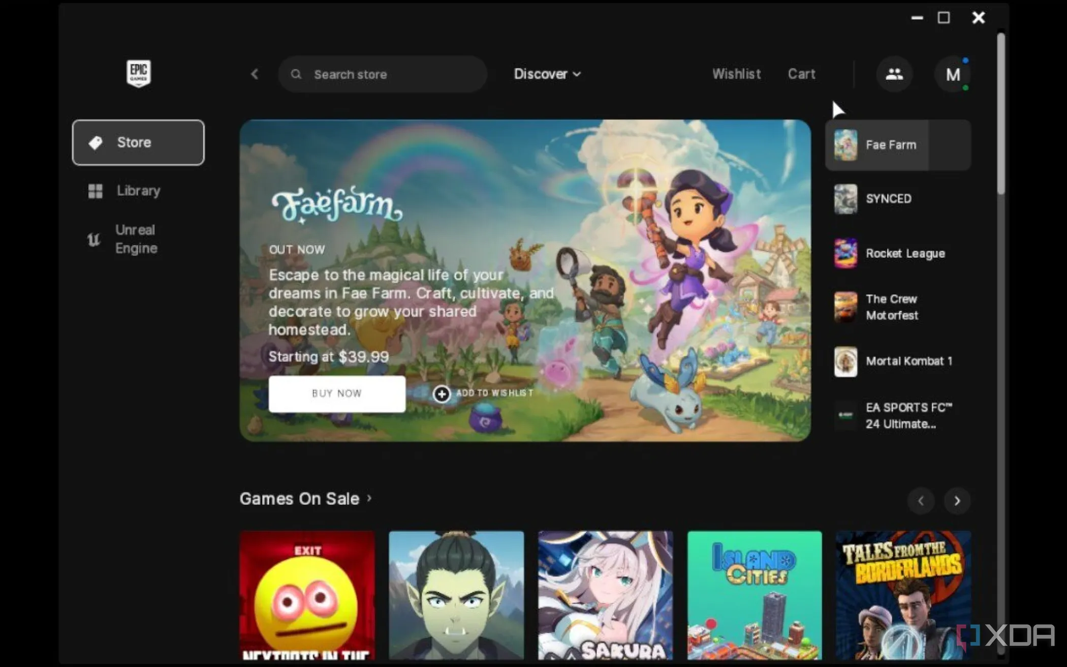 Màn hình Epic Games Launcher hiển thị game Faefarm trên thiết bị chơi game cầm tay Steam Deck.