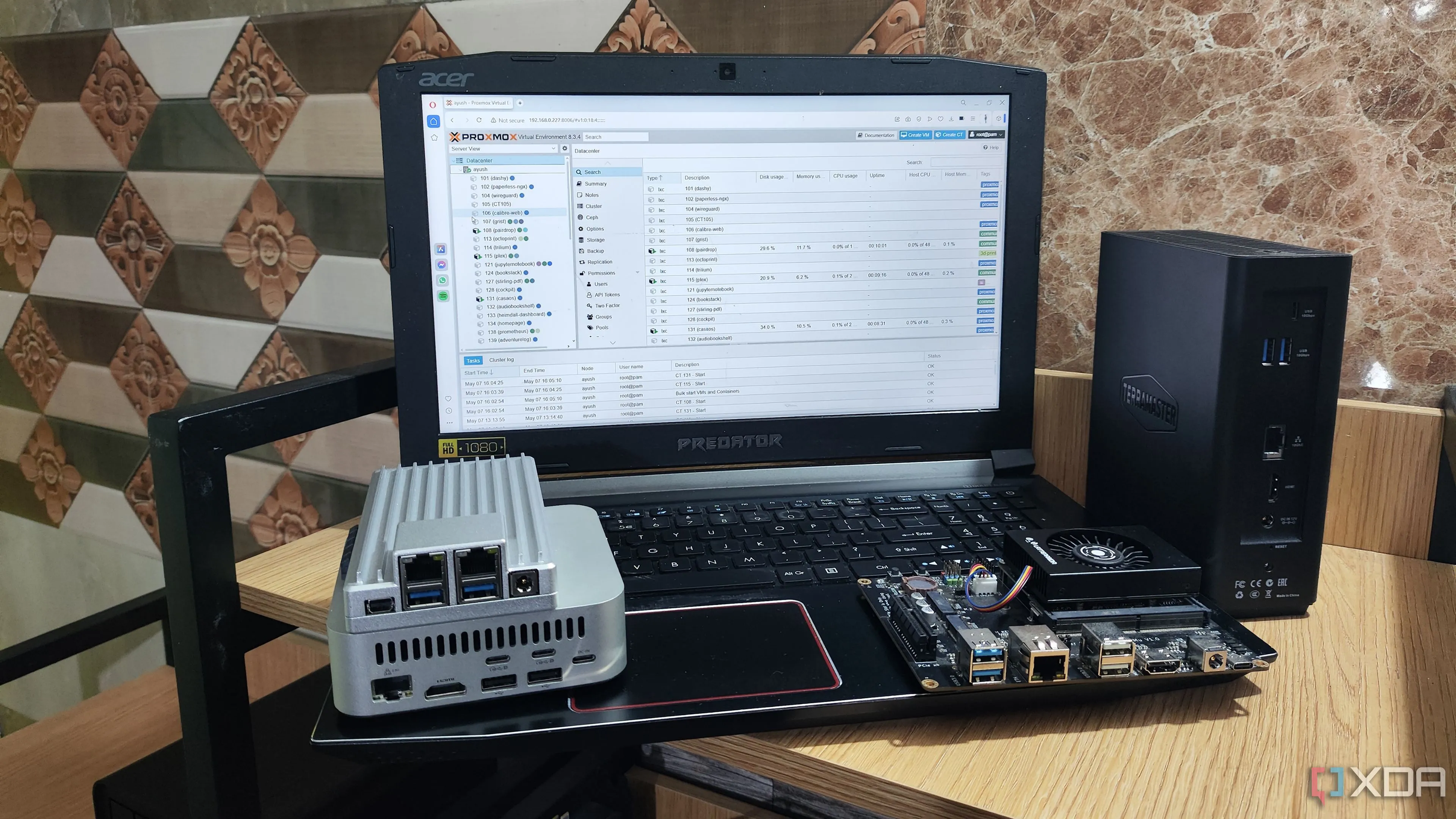 Màn hình giao diện web Proxmox VE đang hiển thị tổng quan hệ thống.