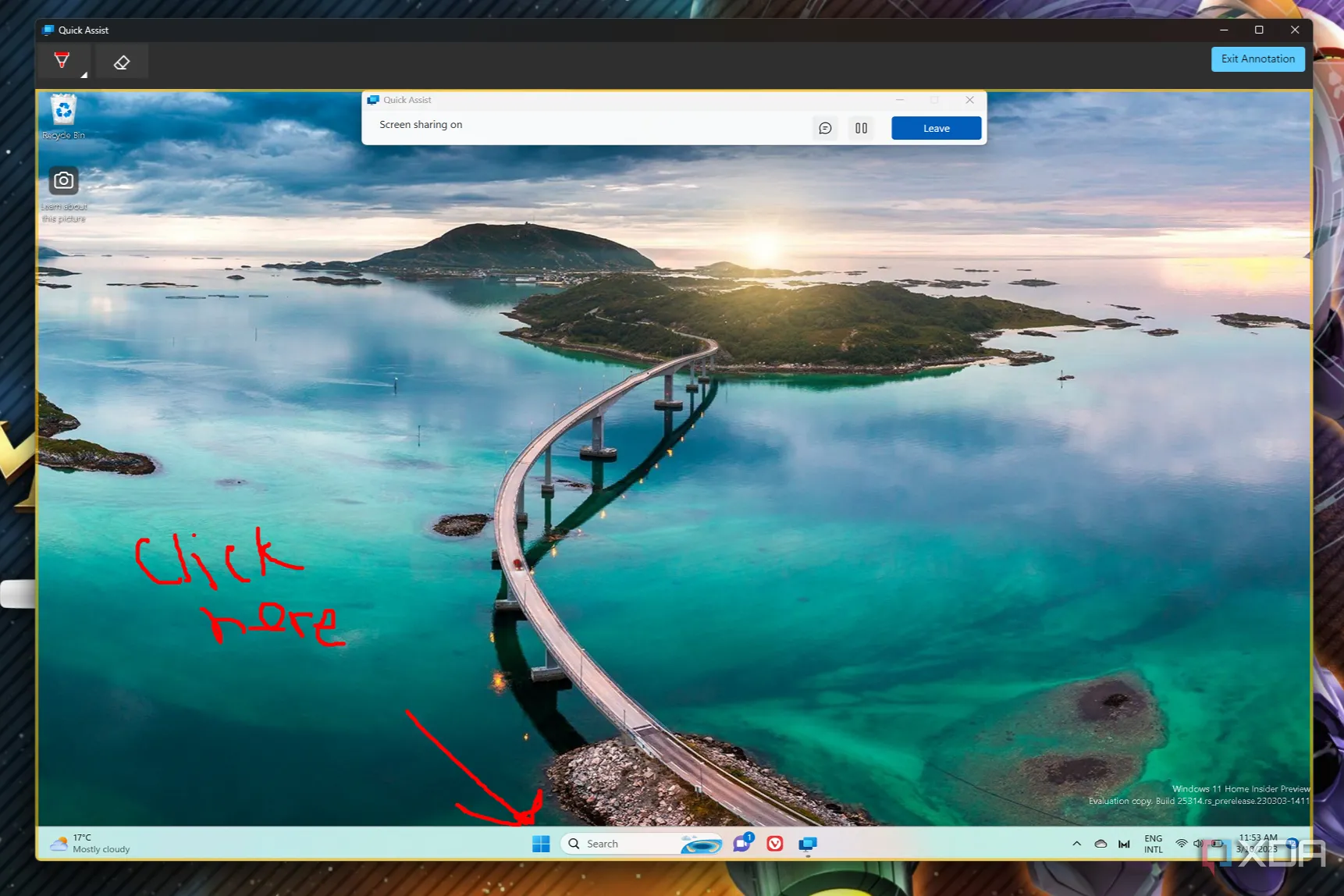 Màn hình Quick Assist trên Windows 11 với các công cụ chú thích và điều khiển, minh họa khả năng hỗ trợ từ xa chuyên nghiệp