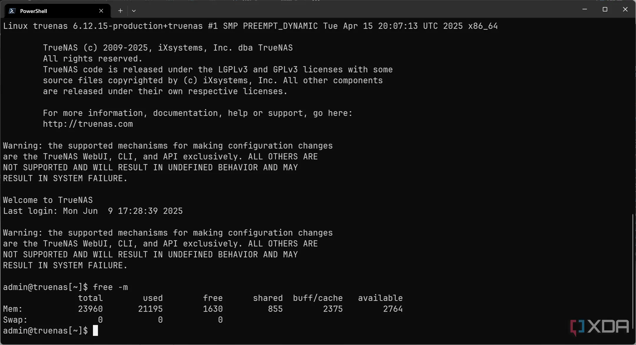 Màn hình terminal Linux hiển thị kết quả lệnh 'free -m' về tình trạng sử dụng RAM.