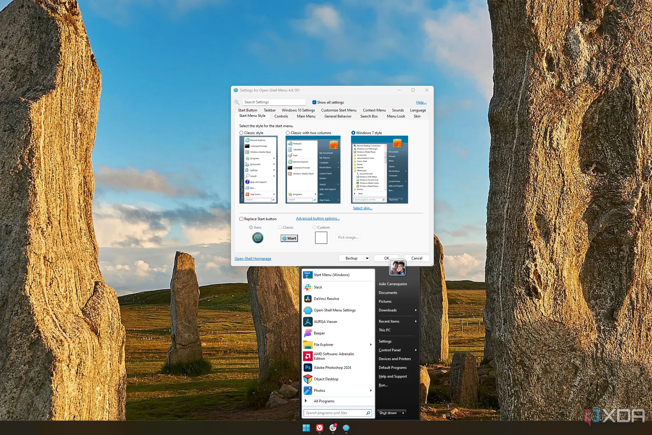 Màn hình Windows 11 hiển thị Start Menu Open-Shell cùng cửa sổ cài đặt tùy chỉnh