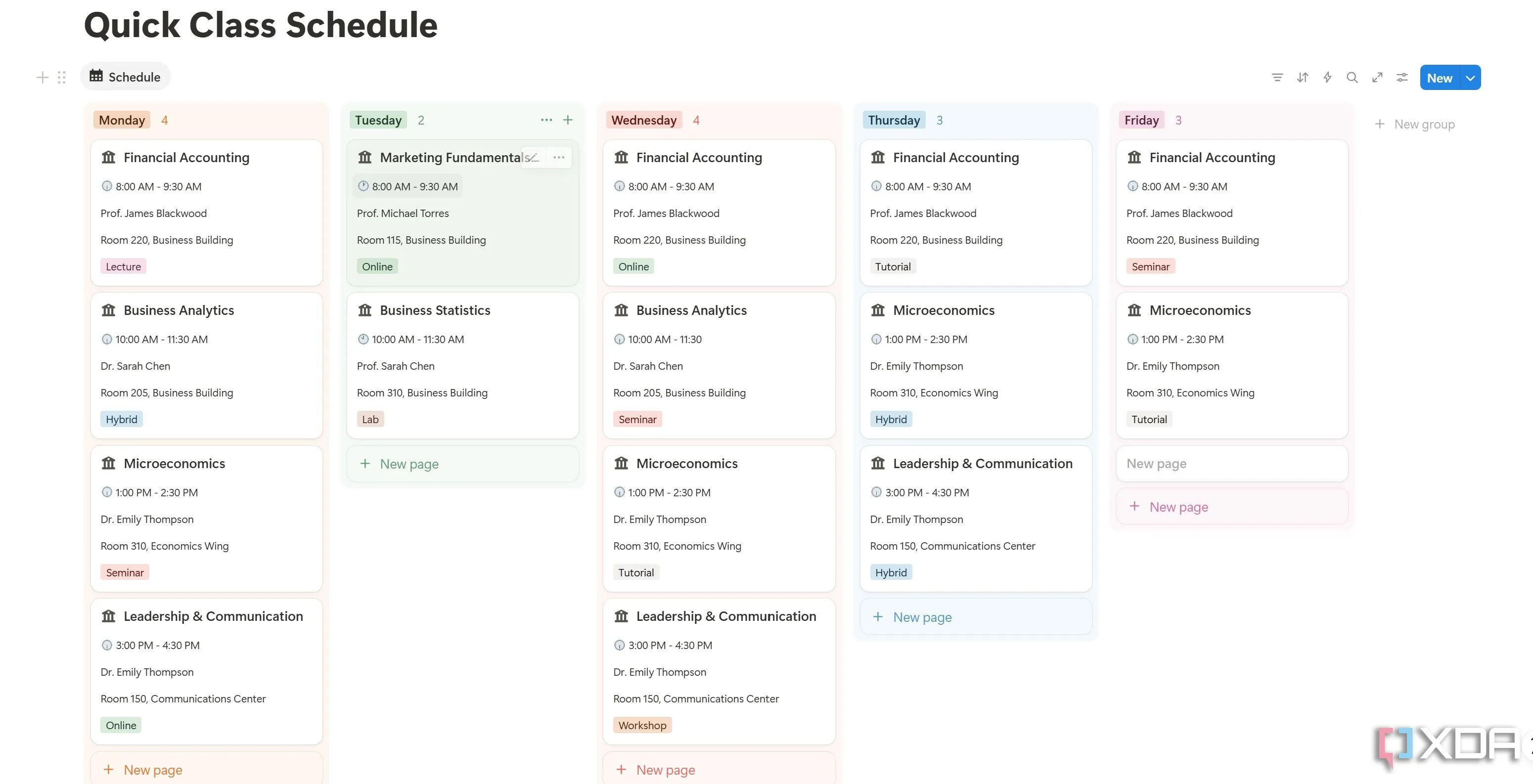 Mẫu Lịch Học Nhanh (Quick Class Schedule) trong Notion, giúp sinh viên quản lý thời khóa biểu trực quan và hiệu quả
