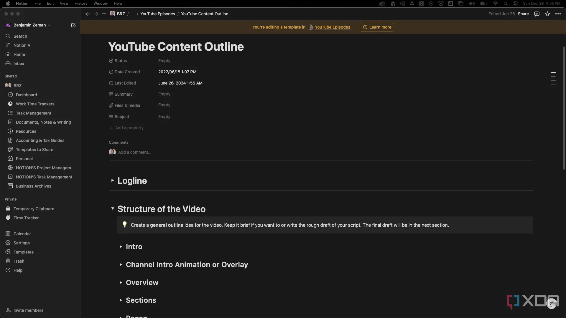 Mẫu phác thảo nội dung video YouTube được tạo trong Notion cho mục đích giáo dục
