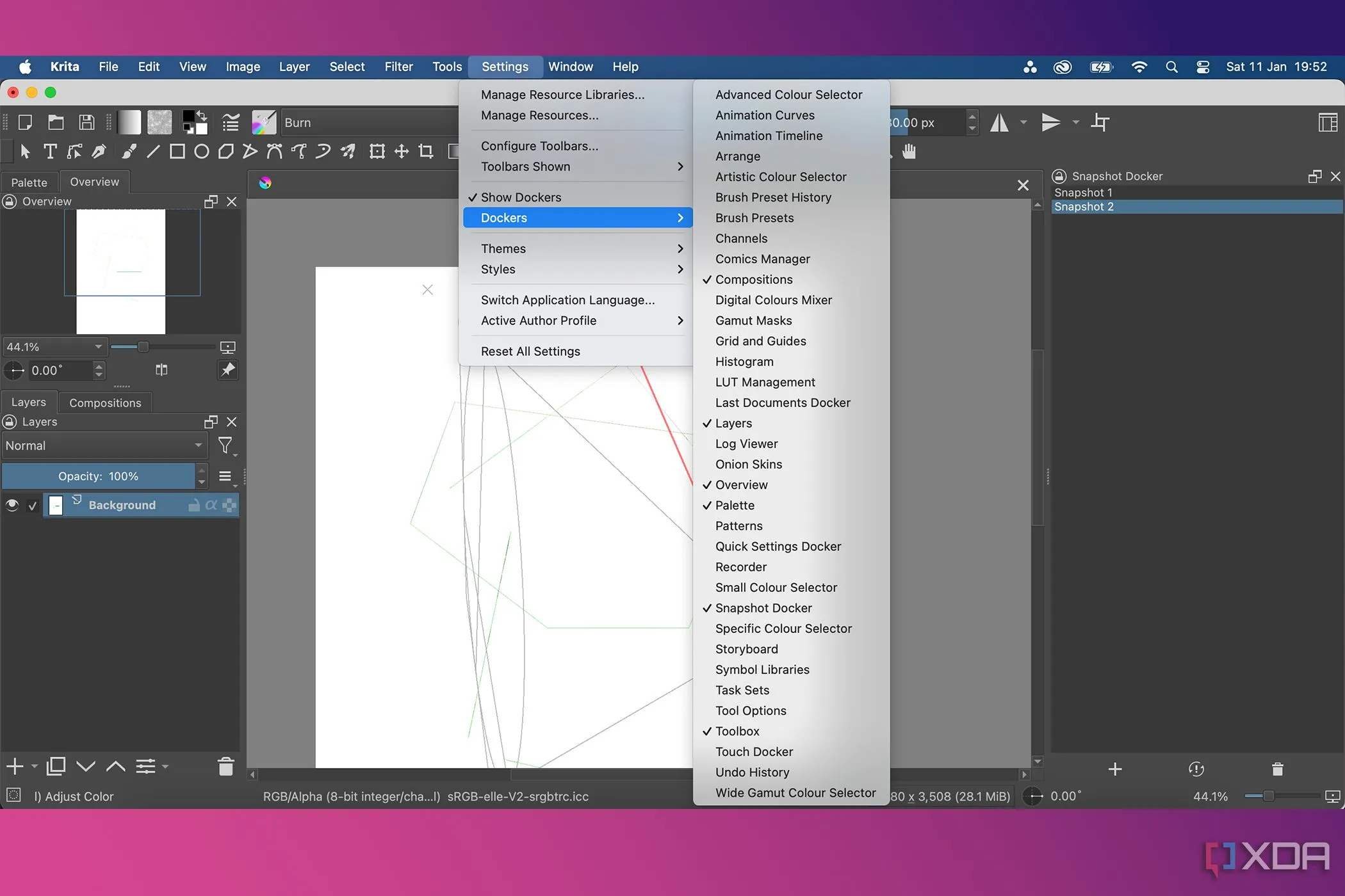 Menu cài đặt Docker trong Krita, cho phép tùy chỉnh các bảng điều khiển cho quy trình làm việc.