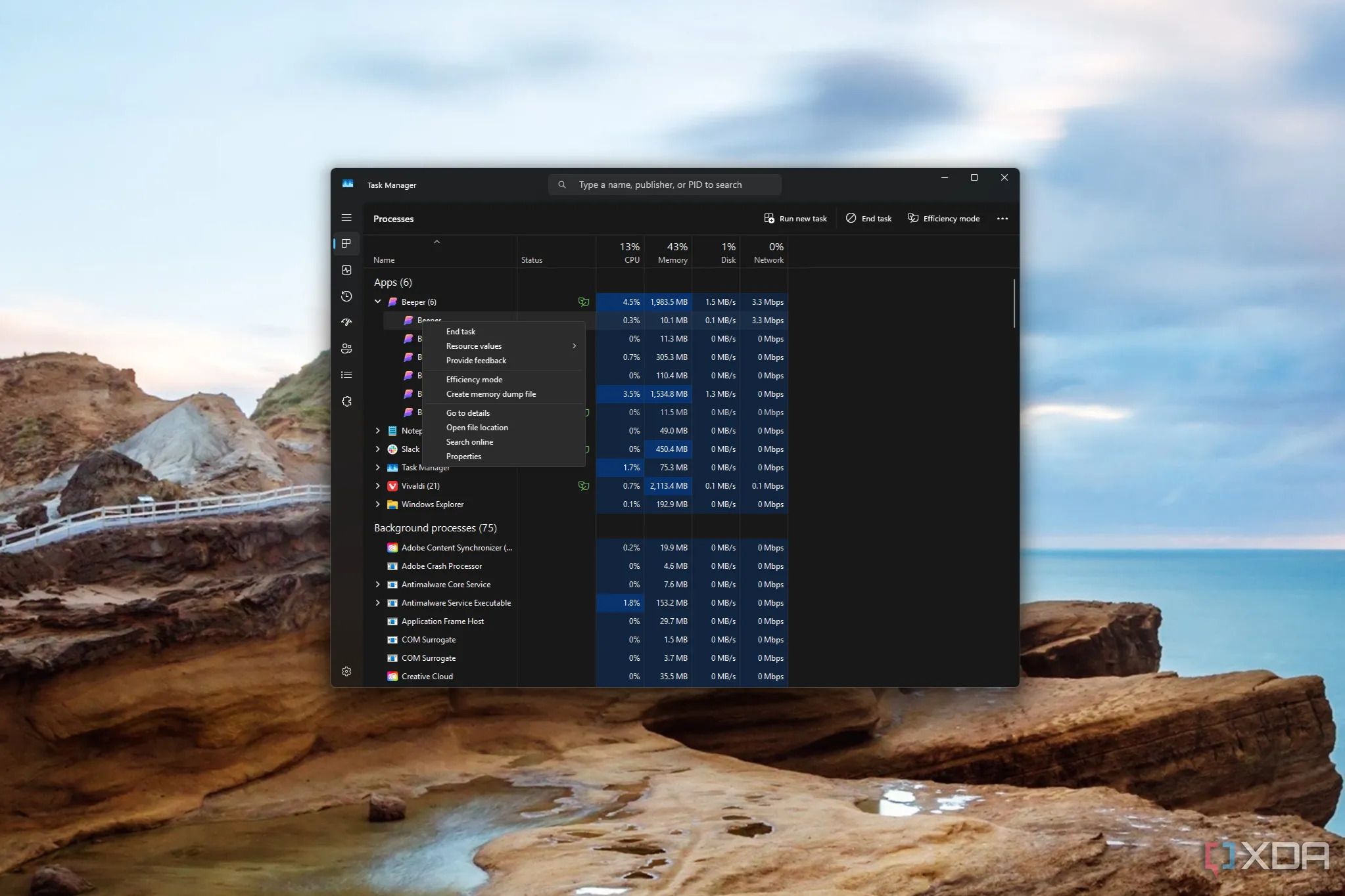 Menu ngữ cảnh của Task Manager hiển thị các tùy chọn khi nhấp chuột phải vào một tiến trình.