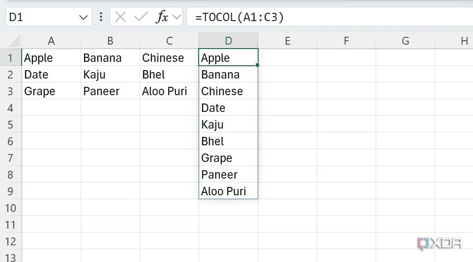Minh họa hàm TOCOL trong Excel để kết hợp dữ liệu