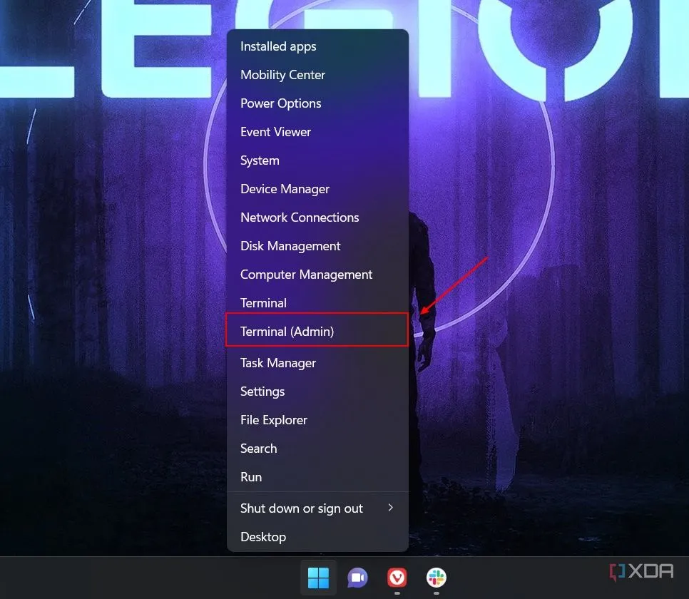 Mở Windows Terminal (Admin) từ menu ngữ cảnh Start trong Windows 11