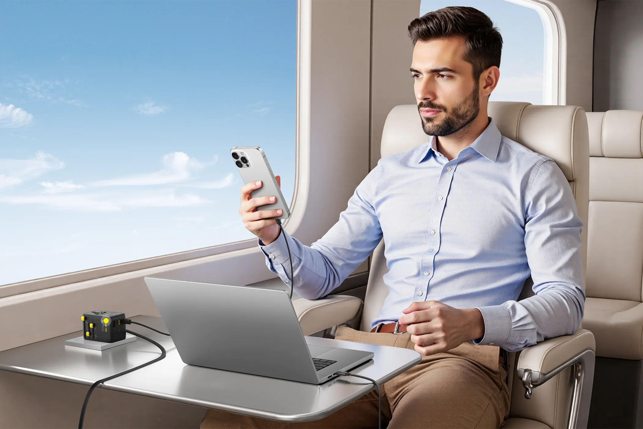 Người đàn ông sạc laptop và điện thoại trên máy bay riêng với bộ chuyển đổi Baseus EnerCore 6-in-1.