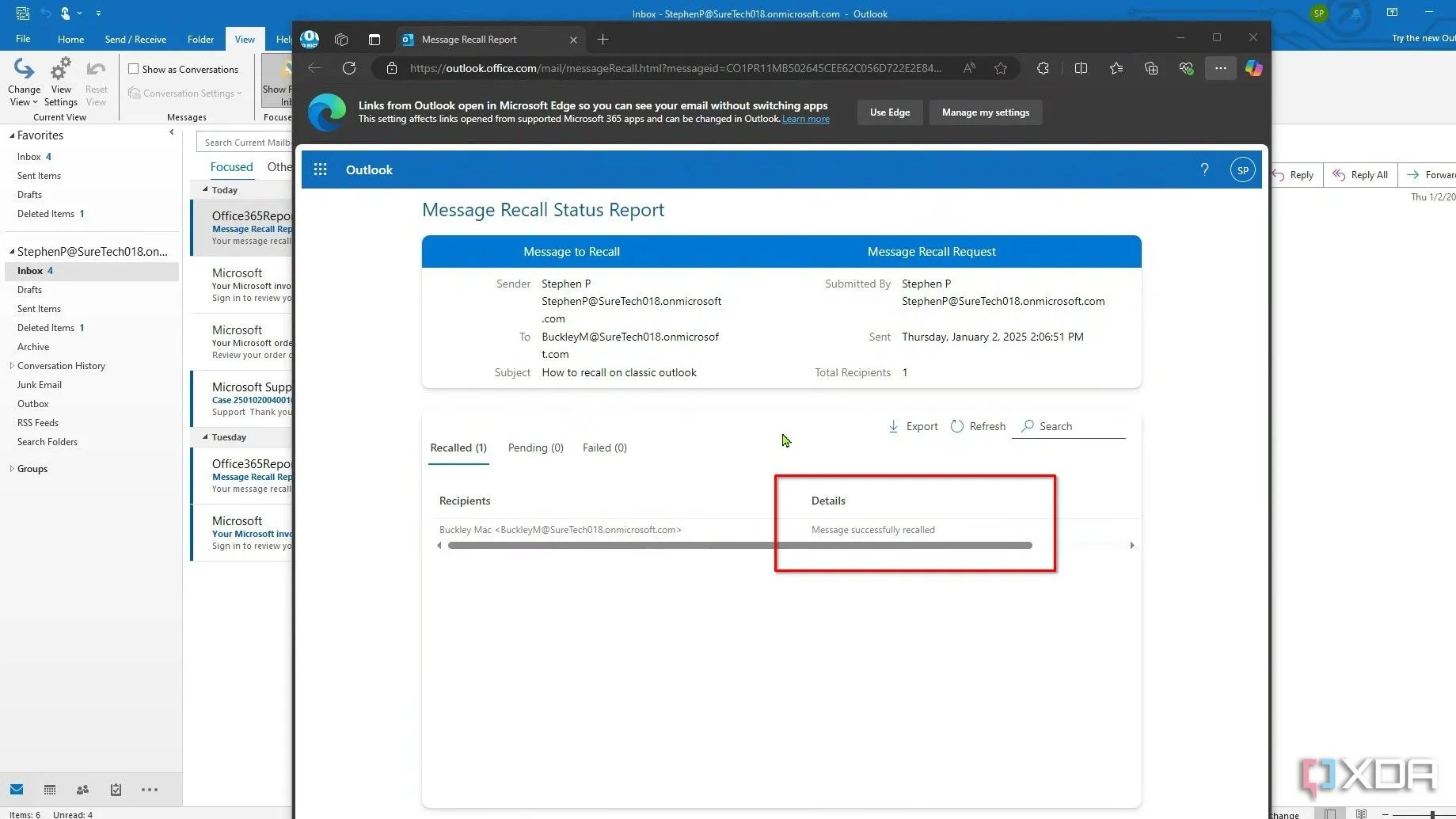 Nhận báo cáo trạng thái thu hồi email thành công trong hộp thư đến của bạn trên Outlook.