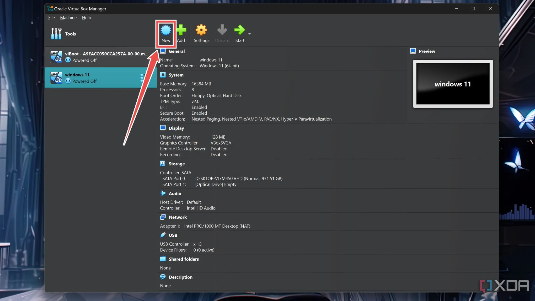 Nhấn nút &quot;New&quot; để tạo máy ảo Windows 11 mới trong giao diện VirtualBox
