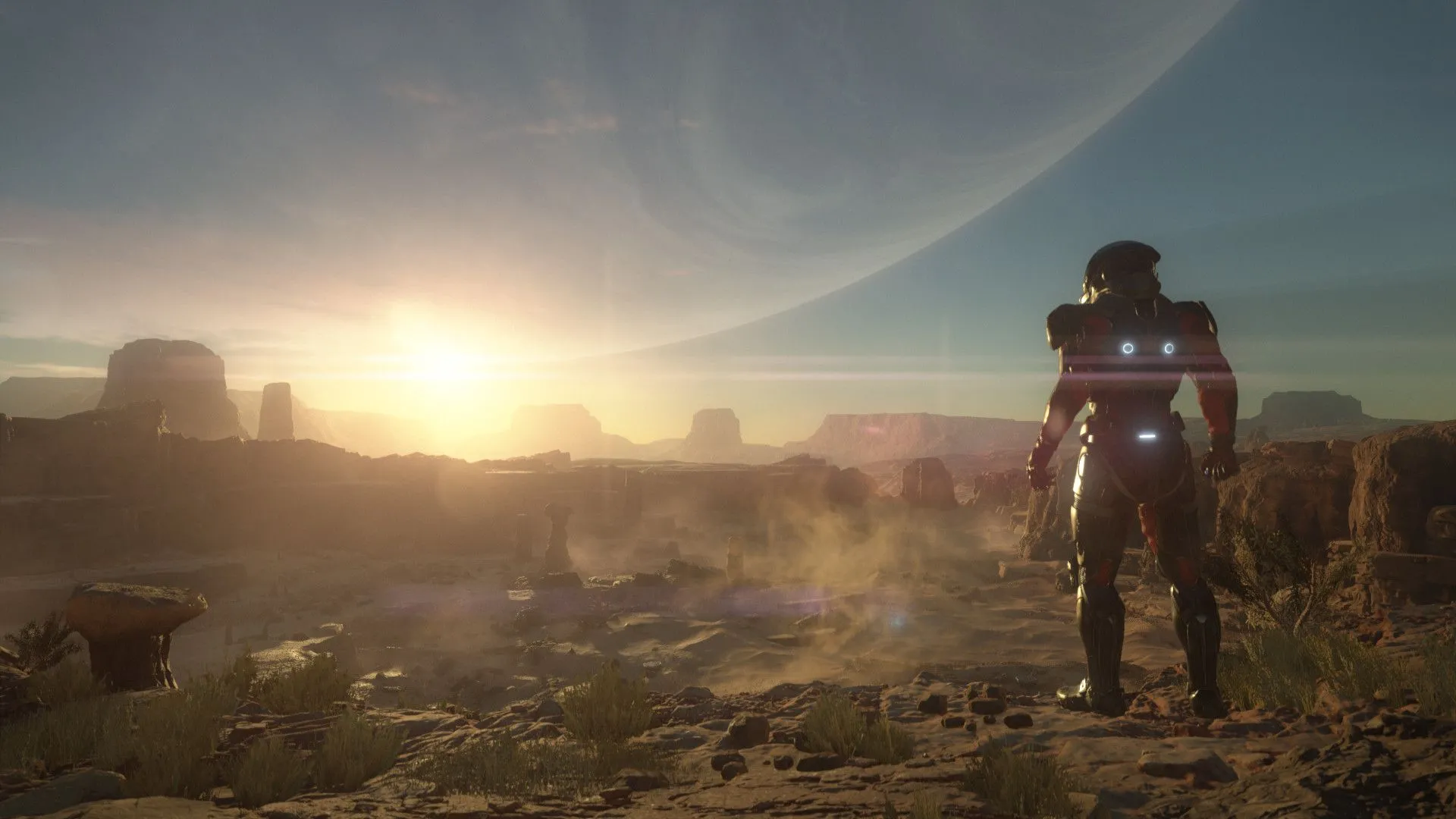 Nhân vật game Mass Effect Andromeda nhìn vào hoàng hôn trên hành tinh lạ