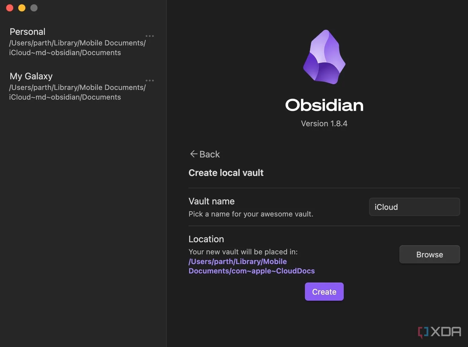 Obsidian hiển thị thư mục iCloud đã chọn để đồng bộ dữ liệu