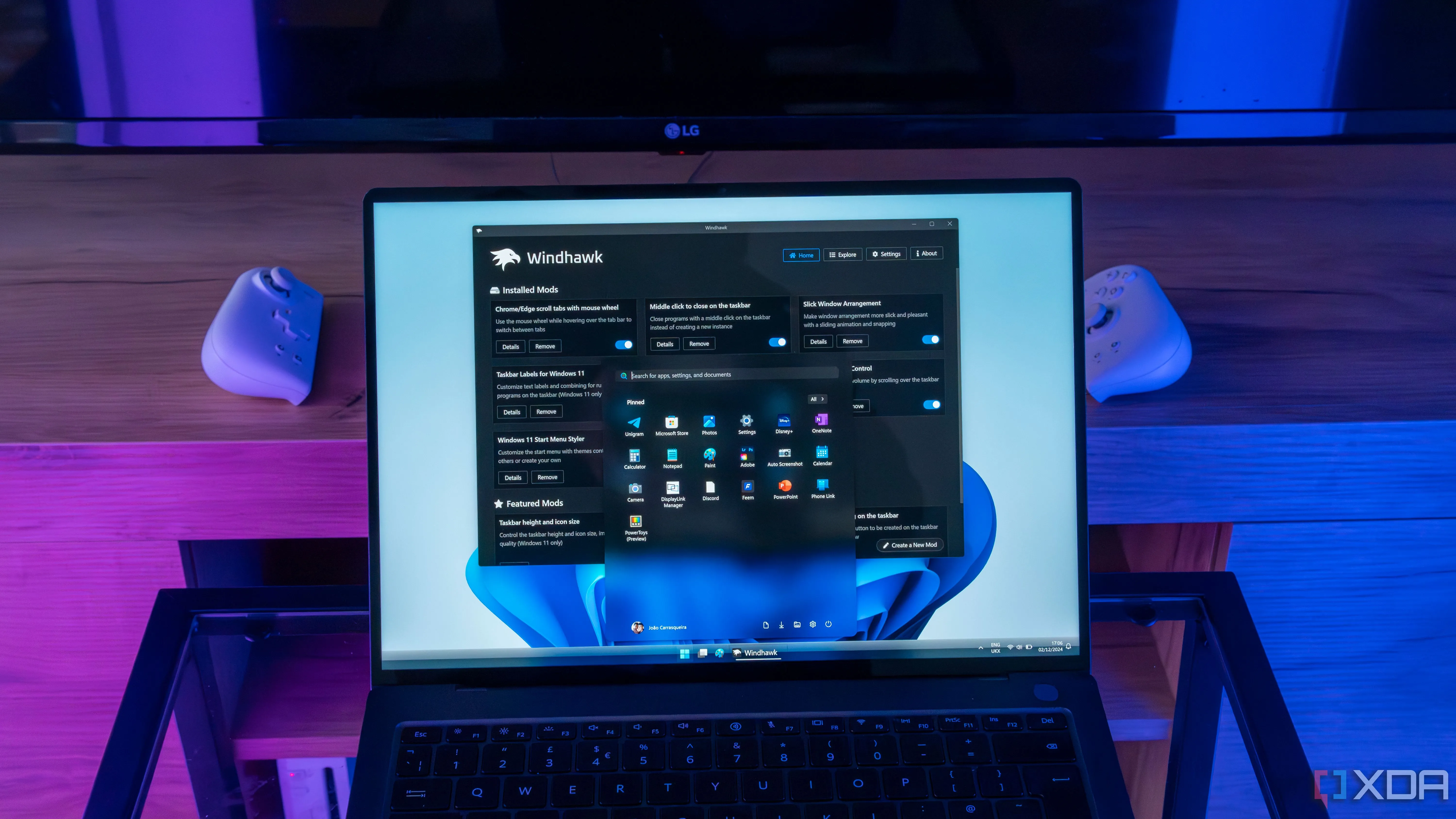 Phần mềm Windhawk đang tùy chỉnh giao diện menu Start và thanh tác vụ trên máy tính Windows 11