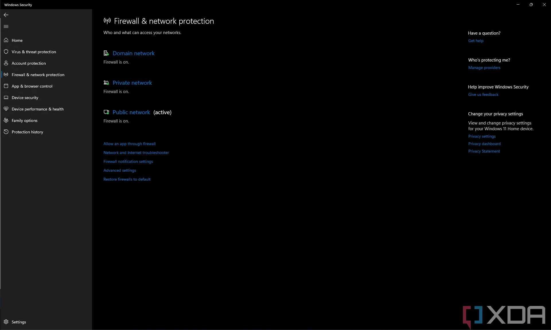 Phần &quot;Tường lửa &amp; bảo vệ mạng&quot; trong ứng dụng Windows Security để tắt tường lửa Defender