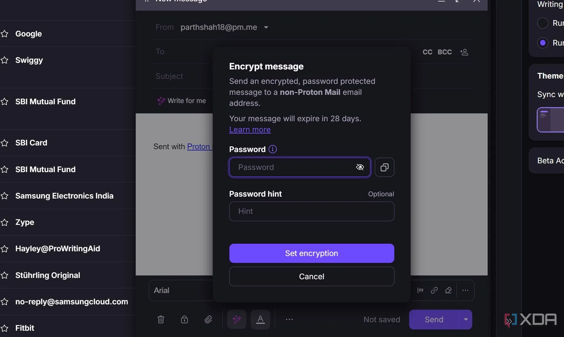 Proton Mail đang mã hóa tin nhắn, làm nổi bật tính năng bảo mật end-to-end và khả năng gửi email được mã hóa cho bất kỳ ai