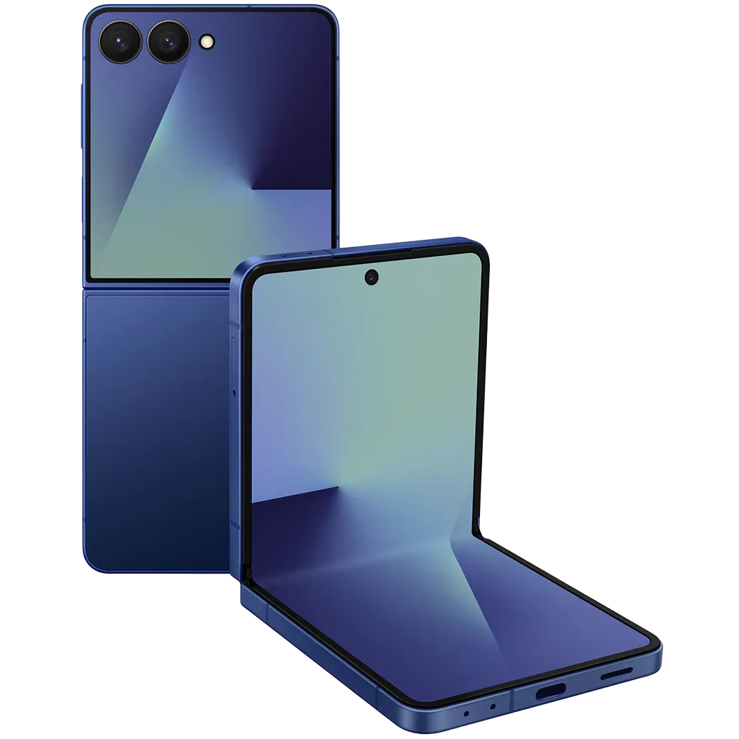 Samsung Galaxy Z Flip 7 màu tím nhẹ nhàng, hiển thị thông số kỹ thuật chính, đại diện cho thế hệ điện thoại gập vỏ sò mới nhất của Samsung.
