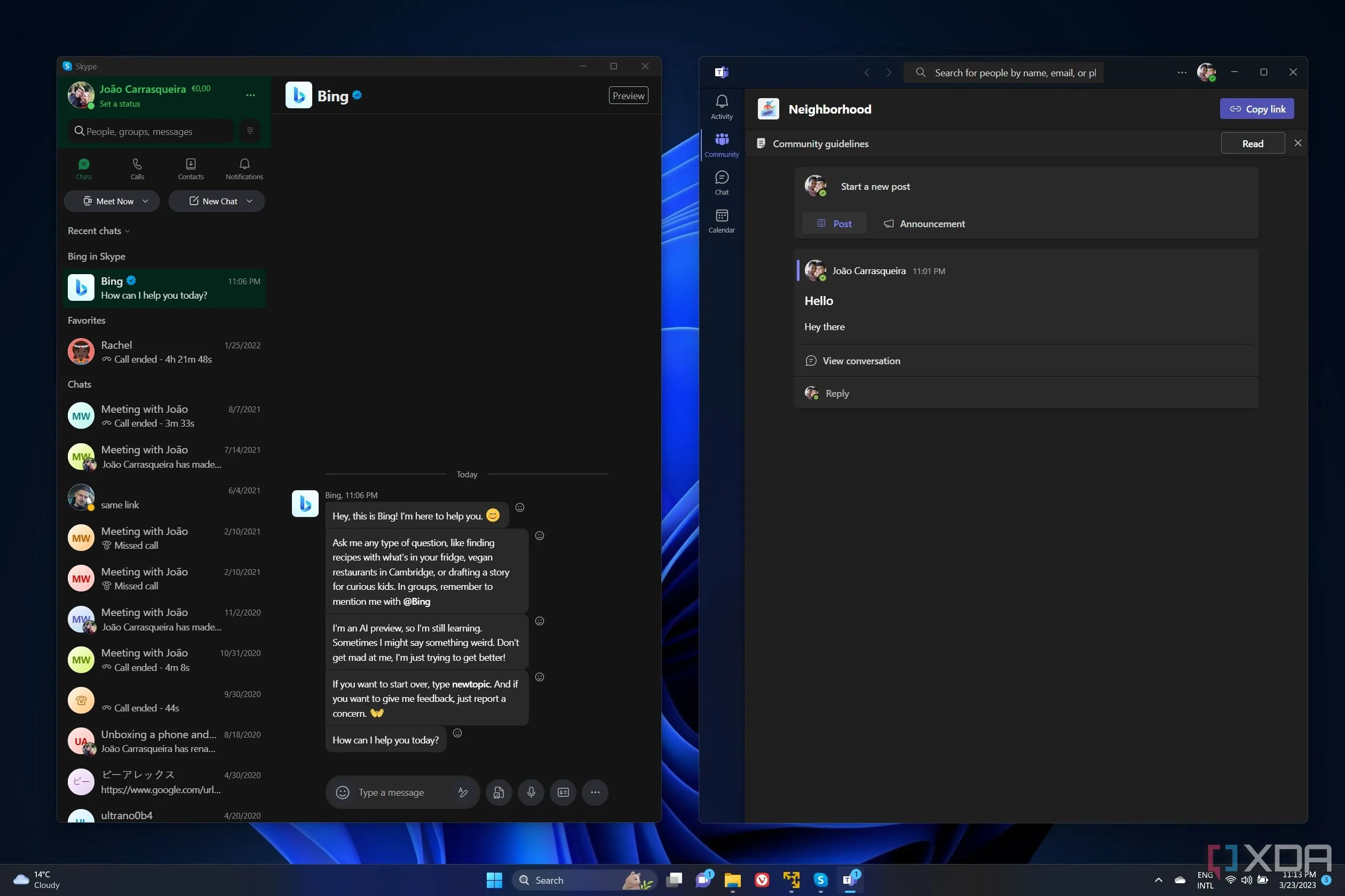 So sánh ứng dụng Skype và Microsoft Teams chạy song song, minh họa sự thay đổi trong chiến lược ứng dụng nhắn tin của Microsoft