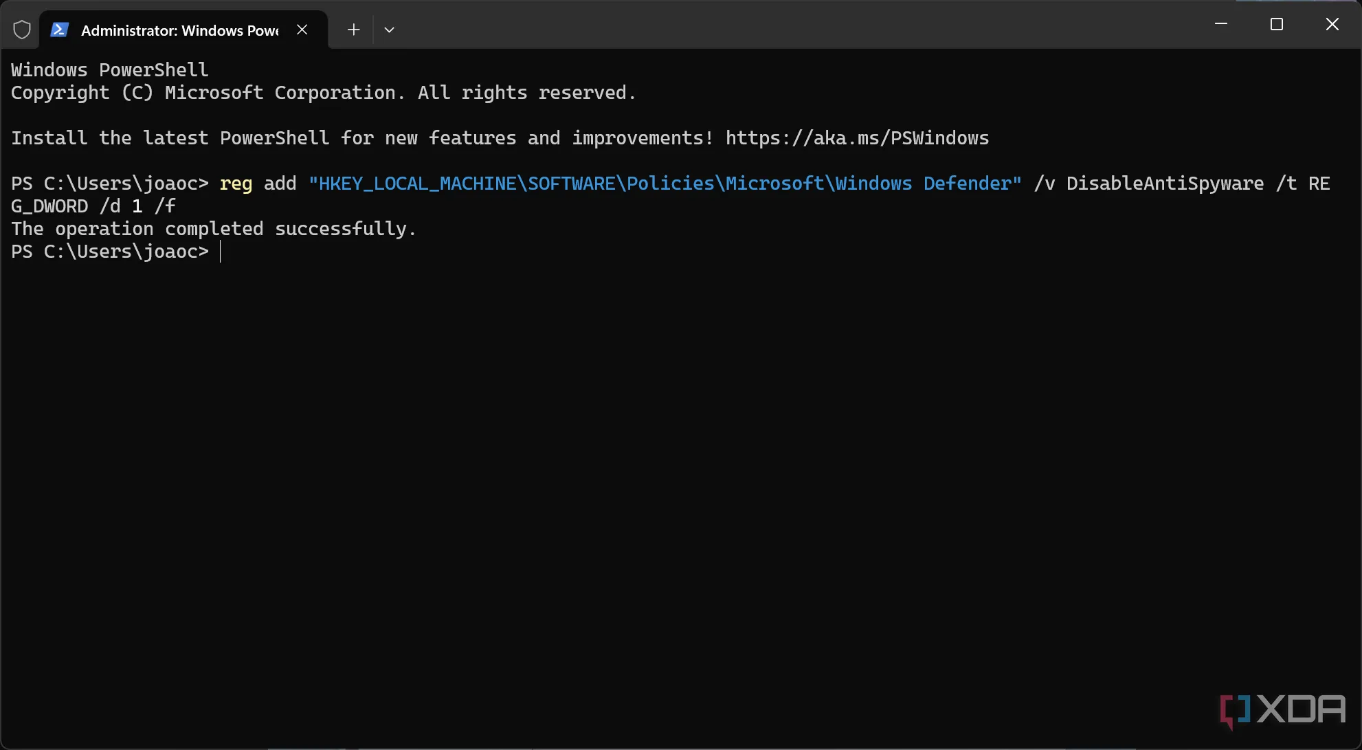 Sử dụng lệnh &quot;reg add&quot; trong Windows Terminal để vô hiệu hóa Microsoft Defender