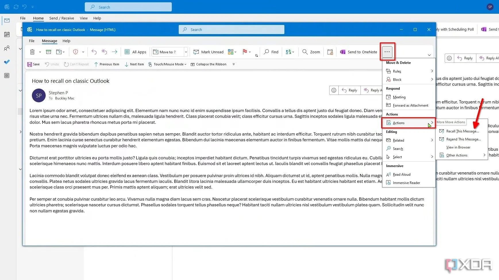 Sử dụng menu ba chấm để truy cập &quot;Actions&quot; và &quot;Recall This Message&quot; trong giao diện Simple Ribbon của Outlook.