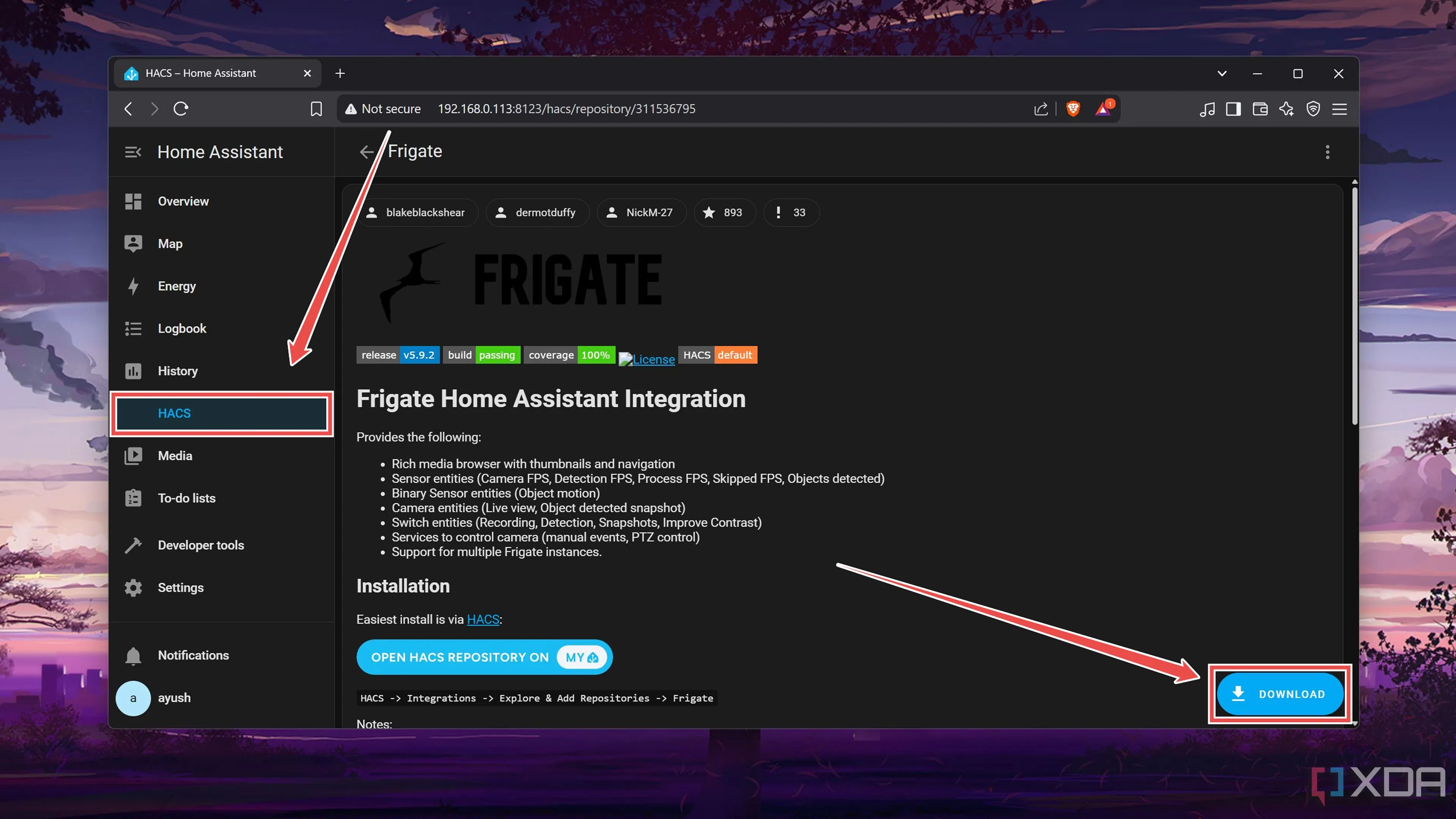 Tải tích hợp Frigate từ HACS trong giao diện Home Assistant